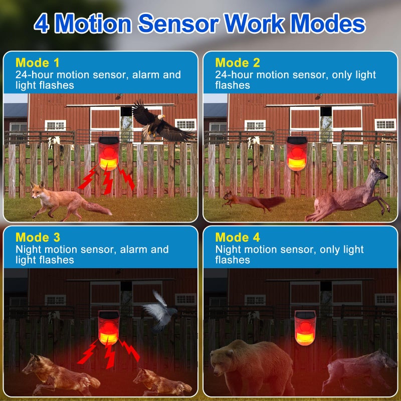 Aolyty Solar Motion Sensor Detector Siren Sound Alarm LED Warning Strobe Flashing Red Light Security Outdoor Waterproof Device Keep Animal Away for Home Warehouse Farm (Red Lampshade) - Image 4